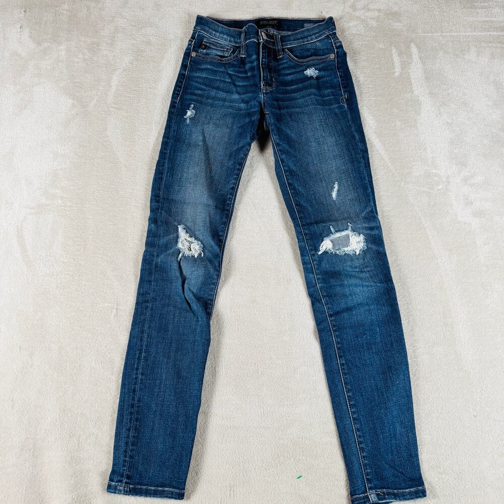 Judy Blue Jeans Womens 1/25 Dark Wash Blue Denim Skinny Distressed Knees & Heels